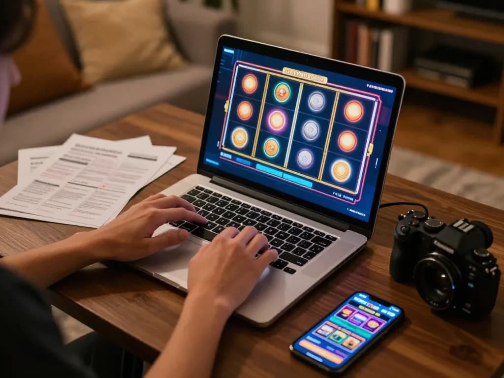 Engaged player enjoying Slot Resmi gameplay on laptop in a cozy home setting, showcasing rich details and strategic focus.