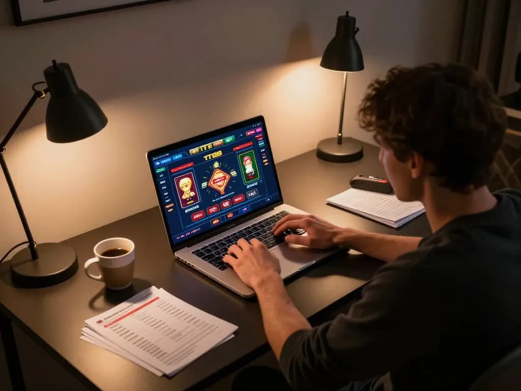 Player engaging with TT88 online casino on laptop, highlighting strategic gaming and comfortable setup.