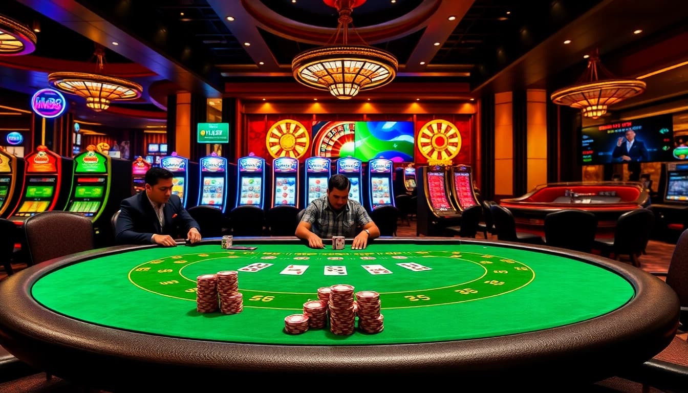 High-stakes players enjoying poker and slot machines at HM88 casino.