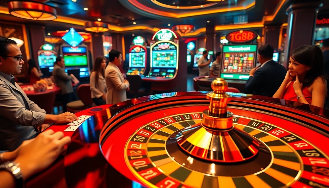Players enjoying high-stakes roulette and slot action at TG88 Casino.