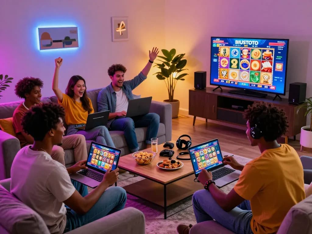 Friends enjoying an online slot game on BIUSTOTO in a vibrant living room setting.