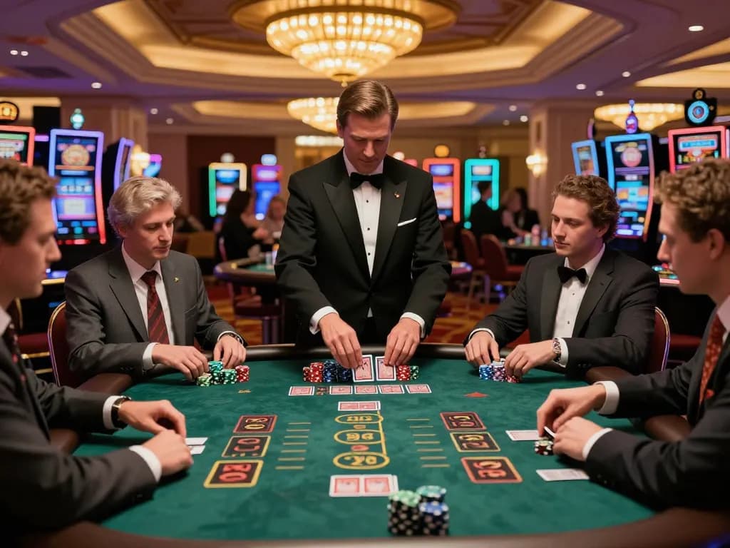Players strategizing their bets at a blackjack table, showcasing 5679 in the heart of a Las Vegas casino