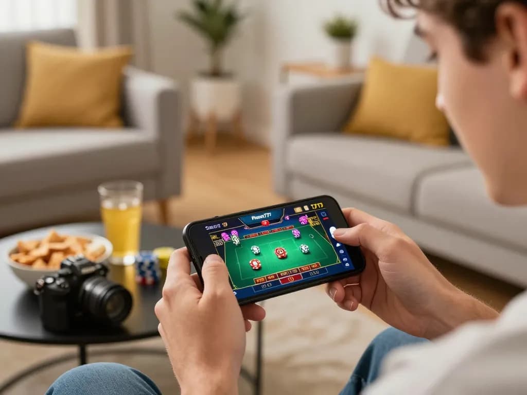 Permainan smartphone yang menarik di Planet77 dengan seorang pemain yang bersemangat memasang taruhan dalam suasana yang nyaman.