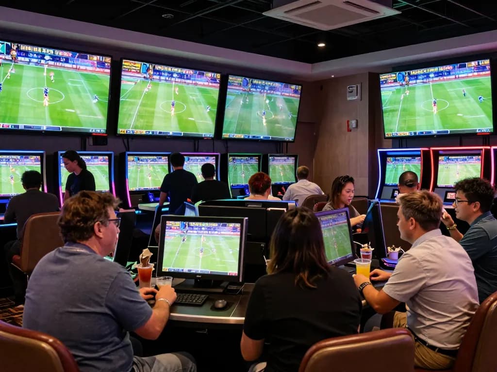 Bsport users engaging with live sports betting screens in an upscale casino.