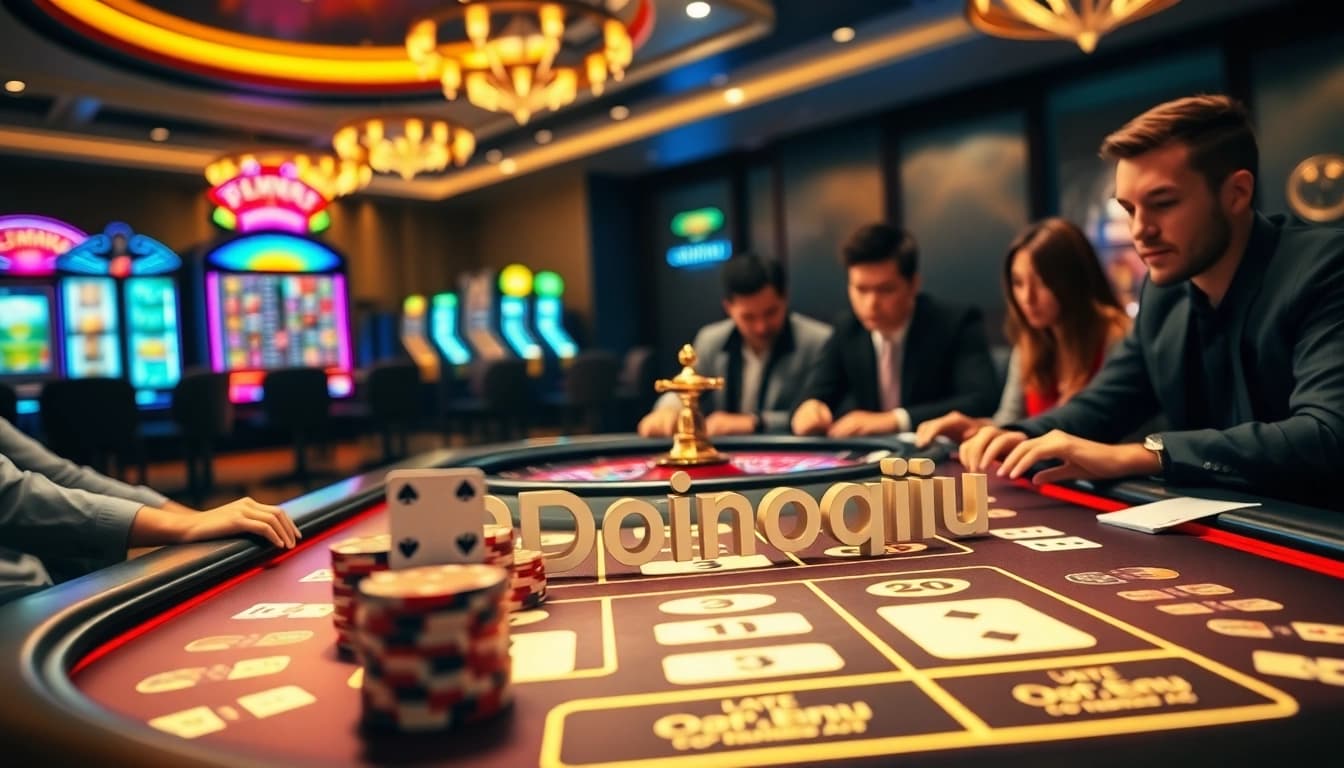 Experience luxury gambling at Dominoqiu with players engaging at a digital gaming table.