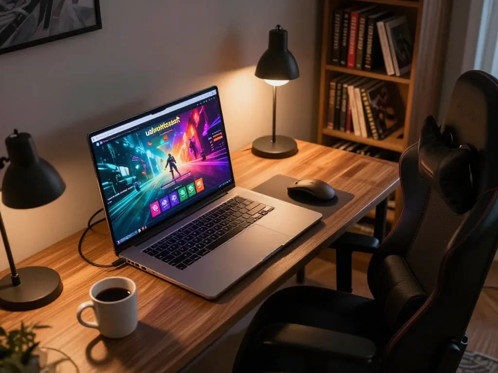 Engaging user interacting with ushimitsusoft gaming platform on a stylish laptop in a cozy home setup