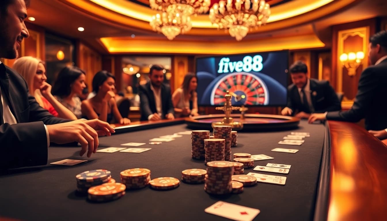 Excited players at a luxury casino table, experiencing the thrill of five88 gaming.
