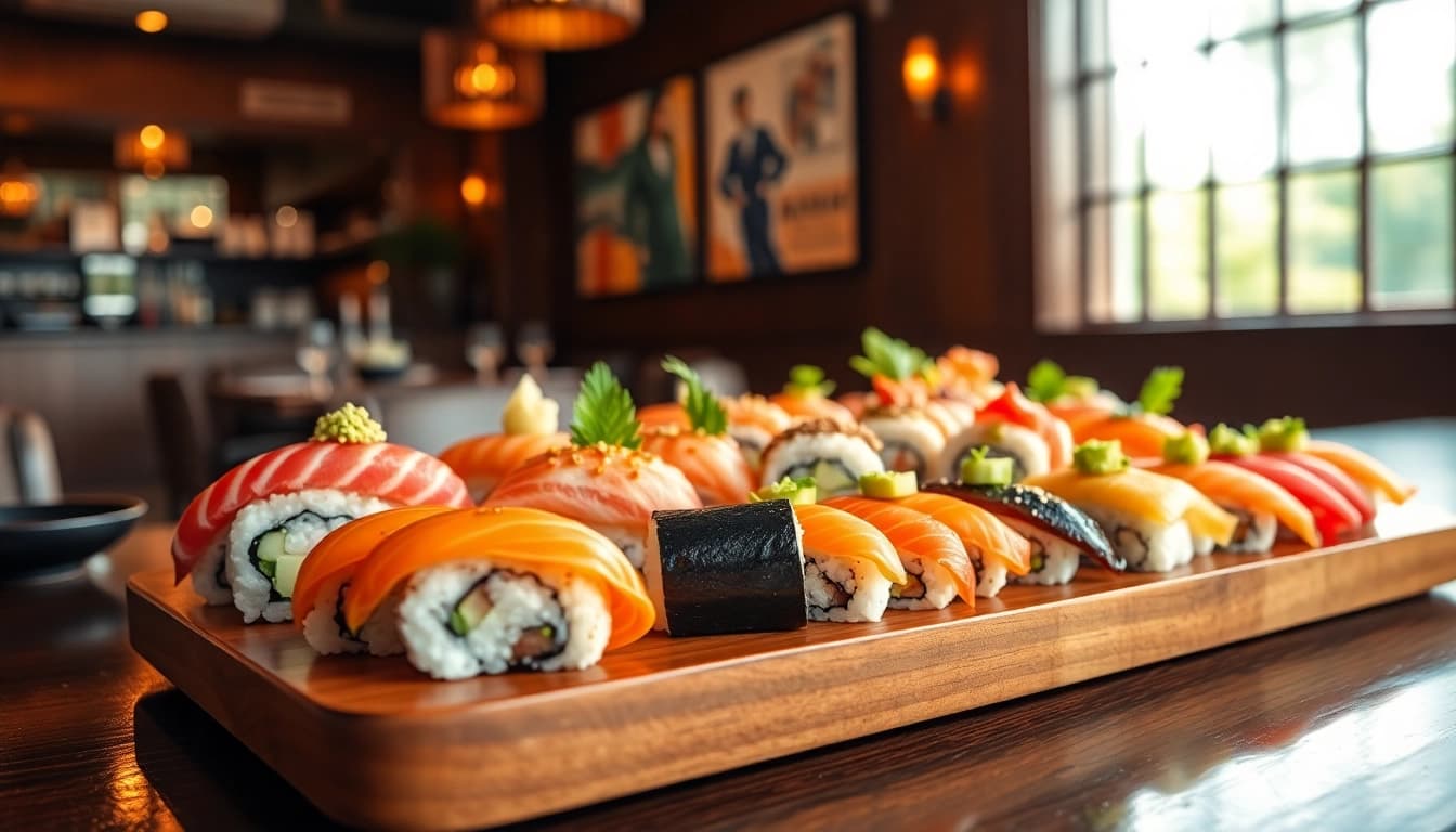 MISTER HOKI showcases a stunning sushi spread, inviting diners to indulge in exquisite flavors.