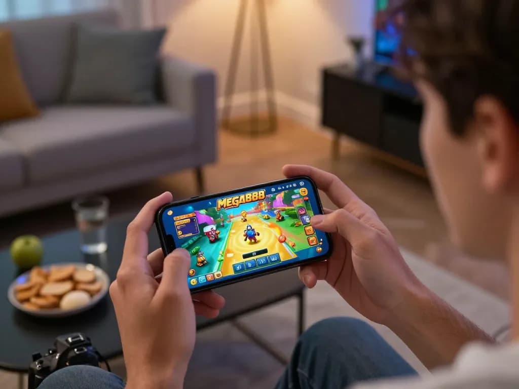 Mega888 app gameplay on smartphone in a cozy home setting, showcasing an engaging online gambling experience.