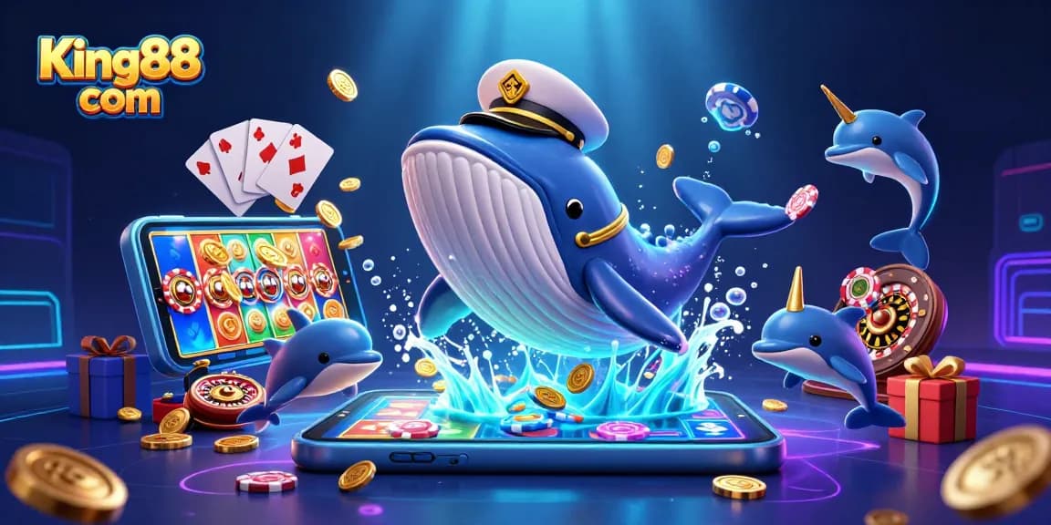Experience the thrill of King88 com with a spectacular whale and casino-themed underwater adventure.