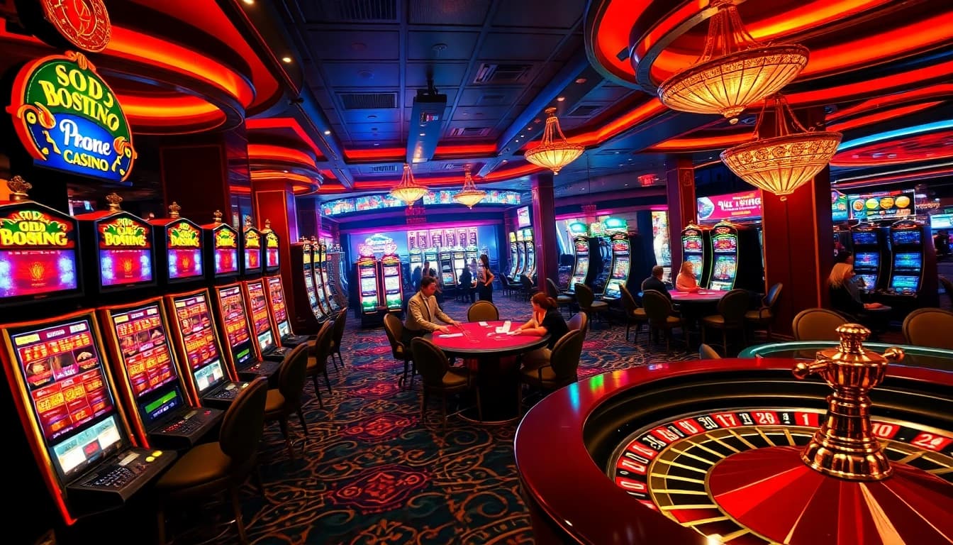 Experience the thrill of SODO CASINO with vibrant gaming tables and slot machines.