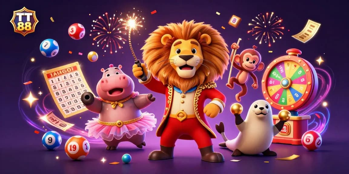 Engage with TT 88's vibrant casino magic, featuring dynamic festivities of a cartoon circus.