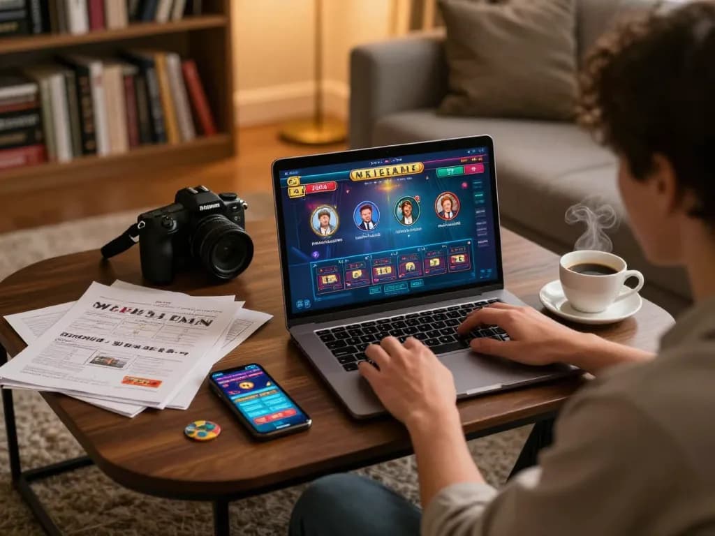Engaging in online gaming at gg88.cn.com, a cozy home setup with laptop and strategy notes.