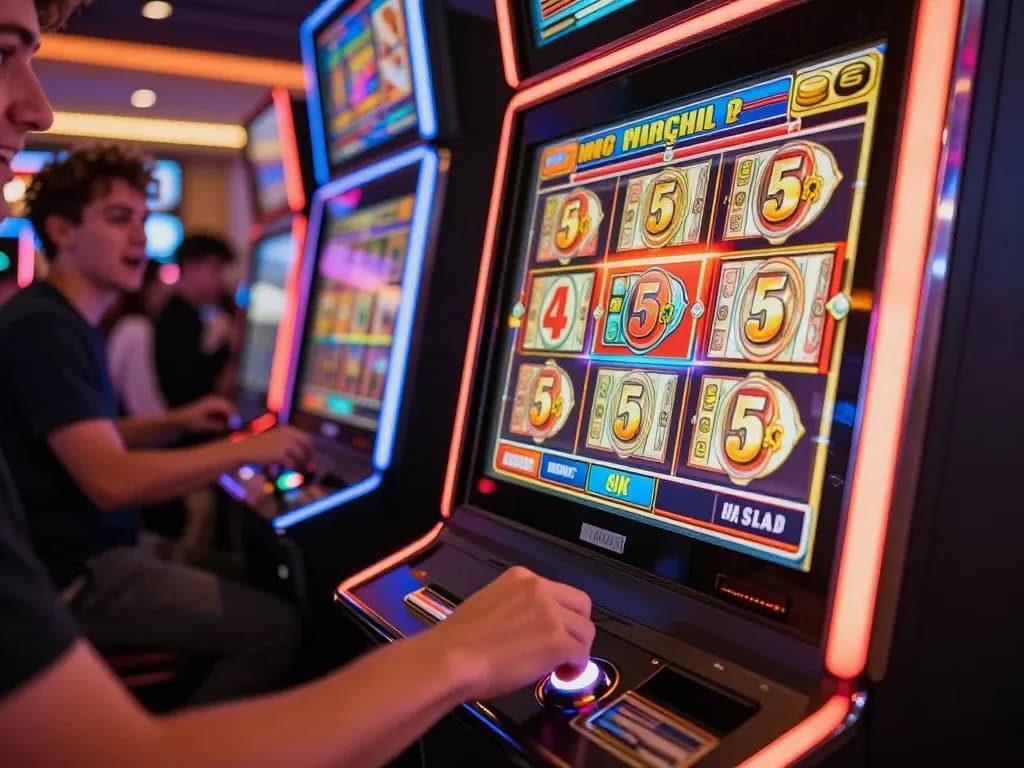 Player engaging with slot 5k machine, eager to win jackpots in a vibrant casino setting.