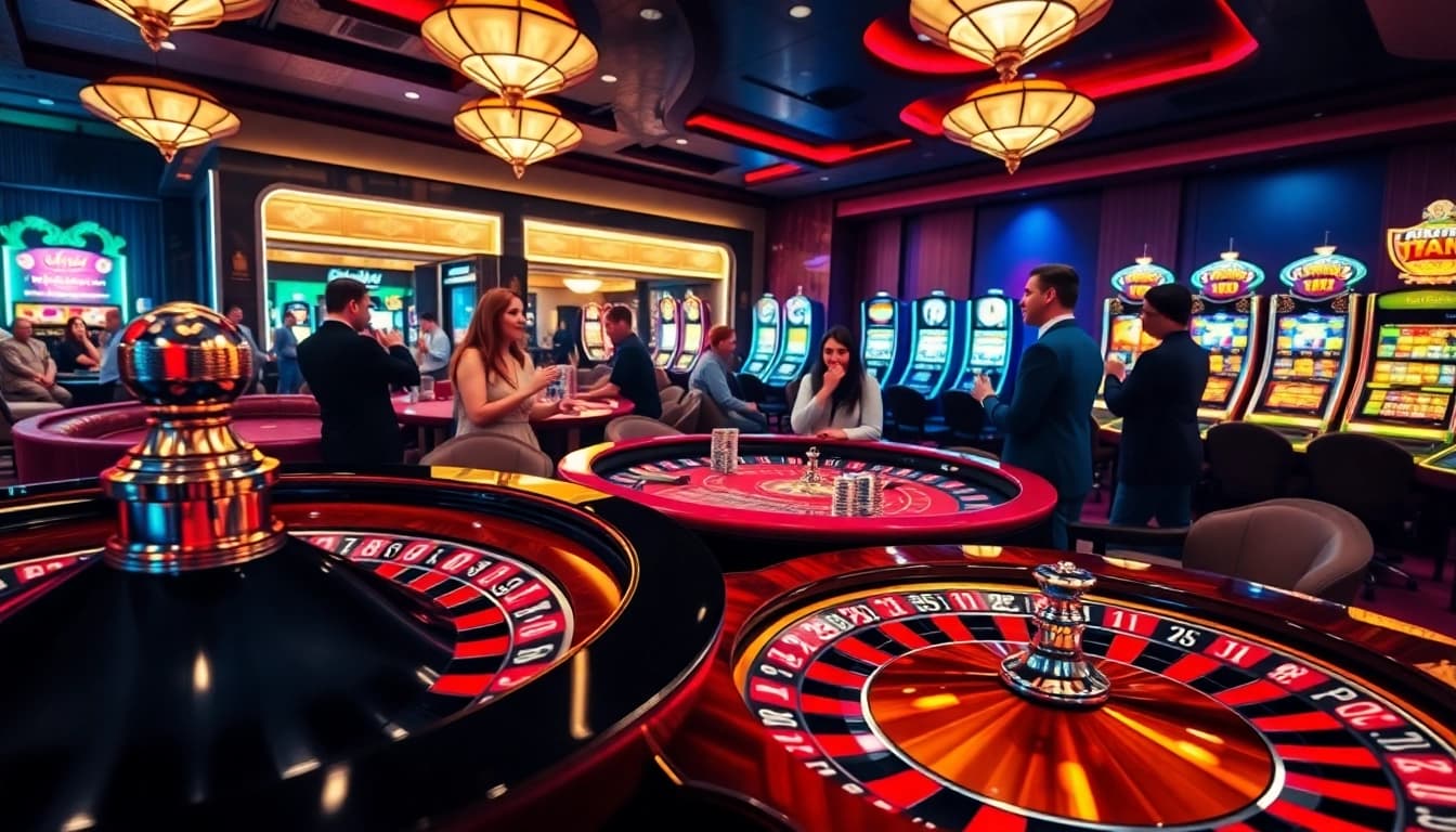 Engaging casino setting featuring players at เว็บ u31 poker tables and roulette wheels.