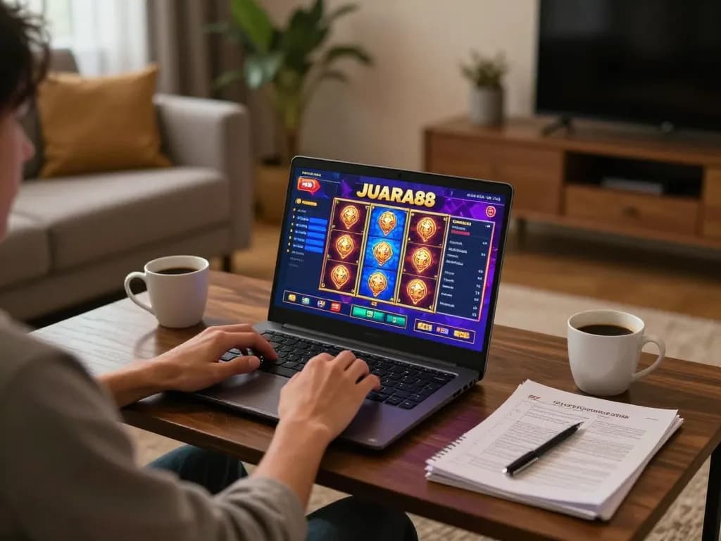 JUARA88 online slot gaming session at home with cozy atmosphere and strategy notes