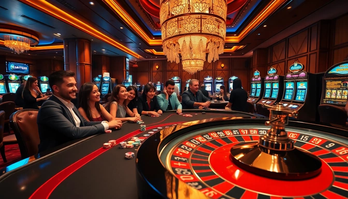 Exciting casino gaming scene featuring HAY88 poker tables and vibrant slot machines