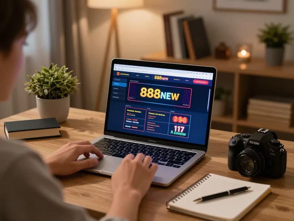 Engaging with 888NEW online casino app in cozy home office setup, showcasing strategic gaming.