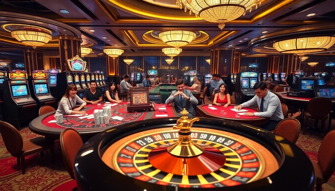 Exciting casino gaming at 12BET featuring vibrant tables, players, and rich decor.