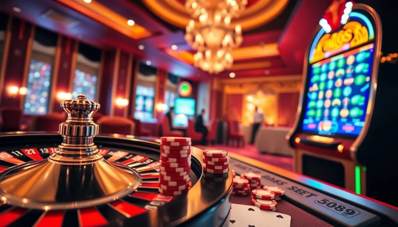 Engaging gambling scene emphasizing SAO789 online casino experience, featuring roulette wheel and poker chips.