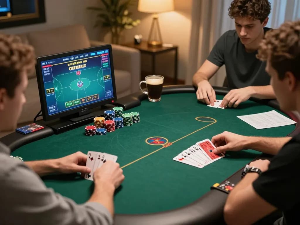 88aa players strategizing online poker game while enjoying a cozy home atmosphere.