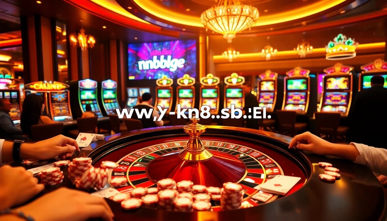 The excitement of gambling at https://nk88.sbs/ is captured with players at a roulette table and vibrant slot machines.