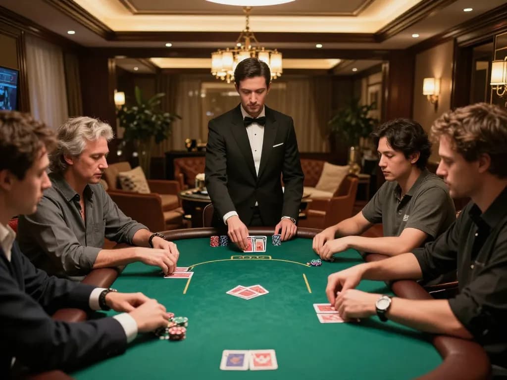 KQBD highlights action from a private poker game, showcasing players in strategic decisions and professional dealer at the table.