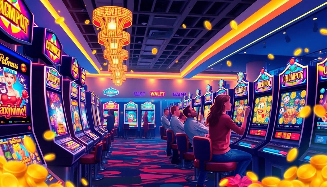 Exciting demo slot pragmatic gaming scene with vibrant machines and happy players