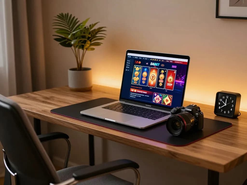 DABET online gaming setup displaying poker and slots interface in a stylish home office.