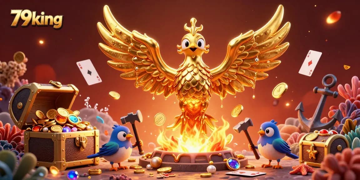 Engage with exciting gambling action at 79king, featuring a golden phoenix soaring amidst dazzling treasures and vibrant elements.