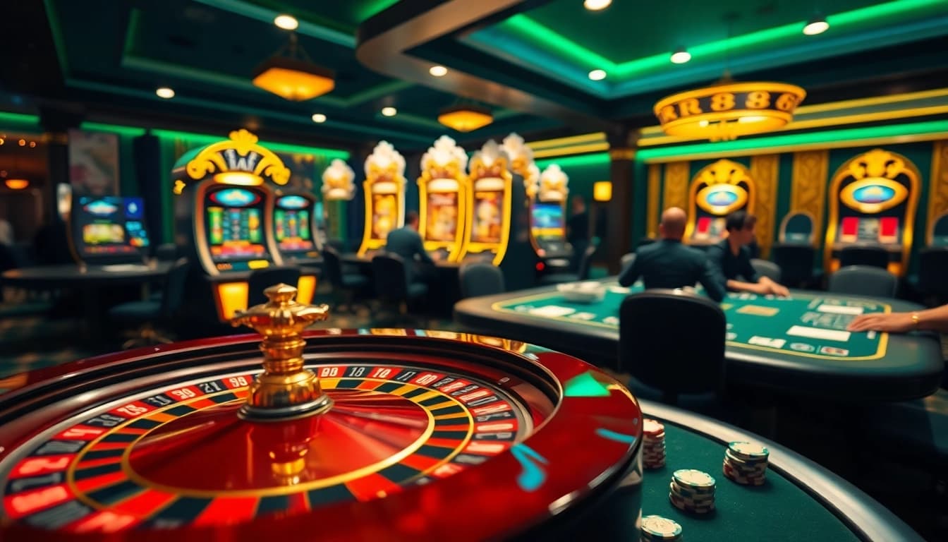 Experience the thrill of gambling at RR88 with a vibrant casino scene featuring roulette and poker tables.
