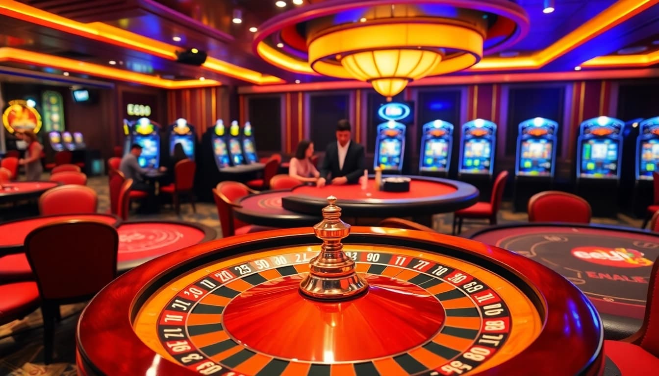 Exciting casino scene with roulette and poker tables highlighting ee88 gambling experience.