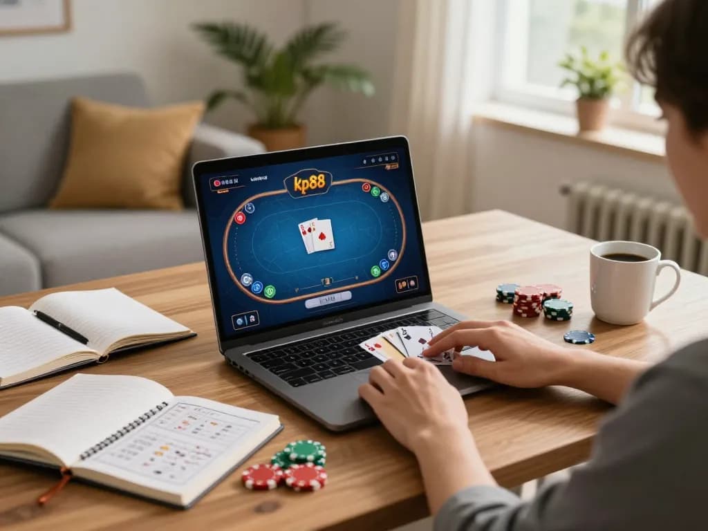 Engaging in an exciting kp88 online poker game at home with strategic gameplay.