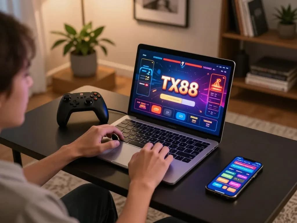 TX88 online casino setup with vibrant gaming interface and relaxed player engaging in responsible gambling.