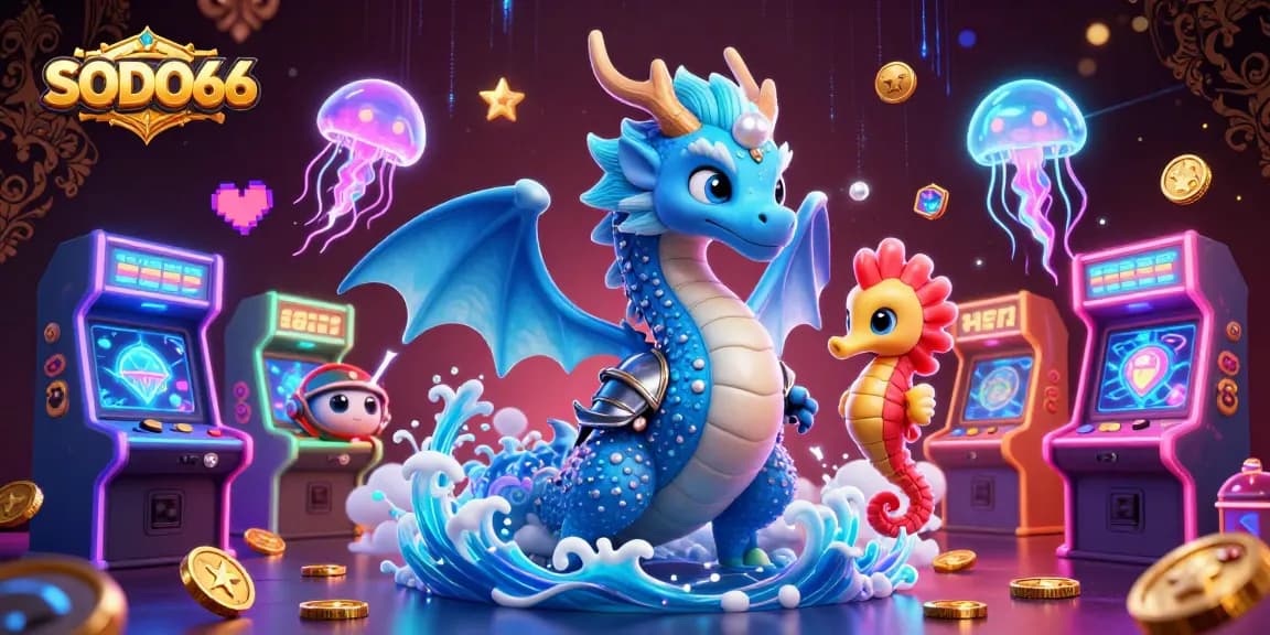 SODO66 offers engaging gameplay with an azure dragon and seahorse knight amidst vibrant casino elements
