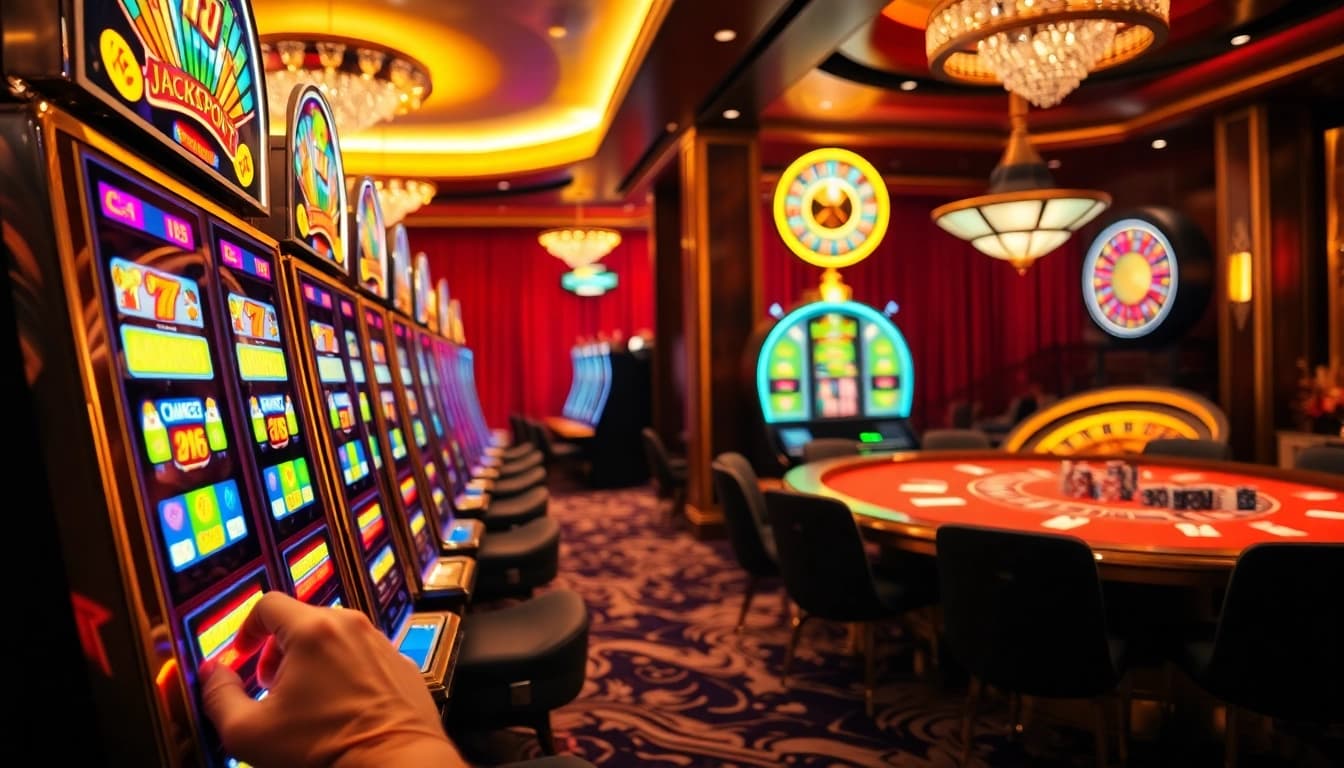 Pemain berinteraksi dengan mesin slot berwarna-warni di tengah suasana kasino yang hidup