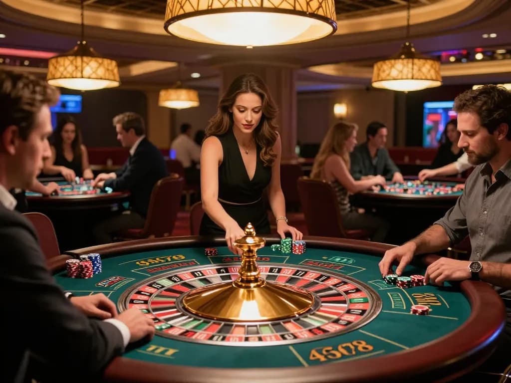 Action at the 45678 casino as players place bets on a vibrant roulette table, capturing the thrill of gameplay.