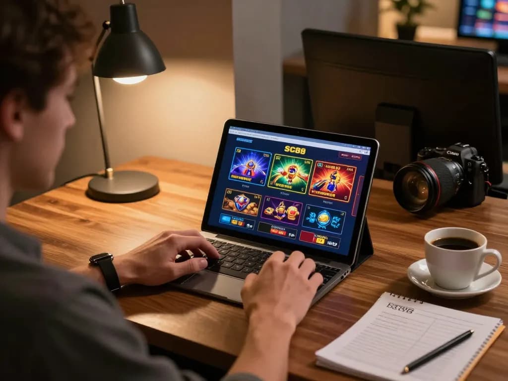 Engaged player using SC88 tablet app for online casino gameplay in a stylish home setup.