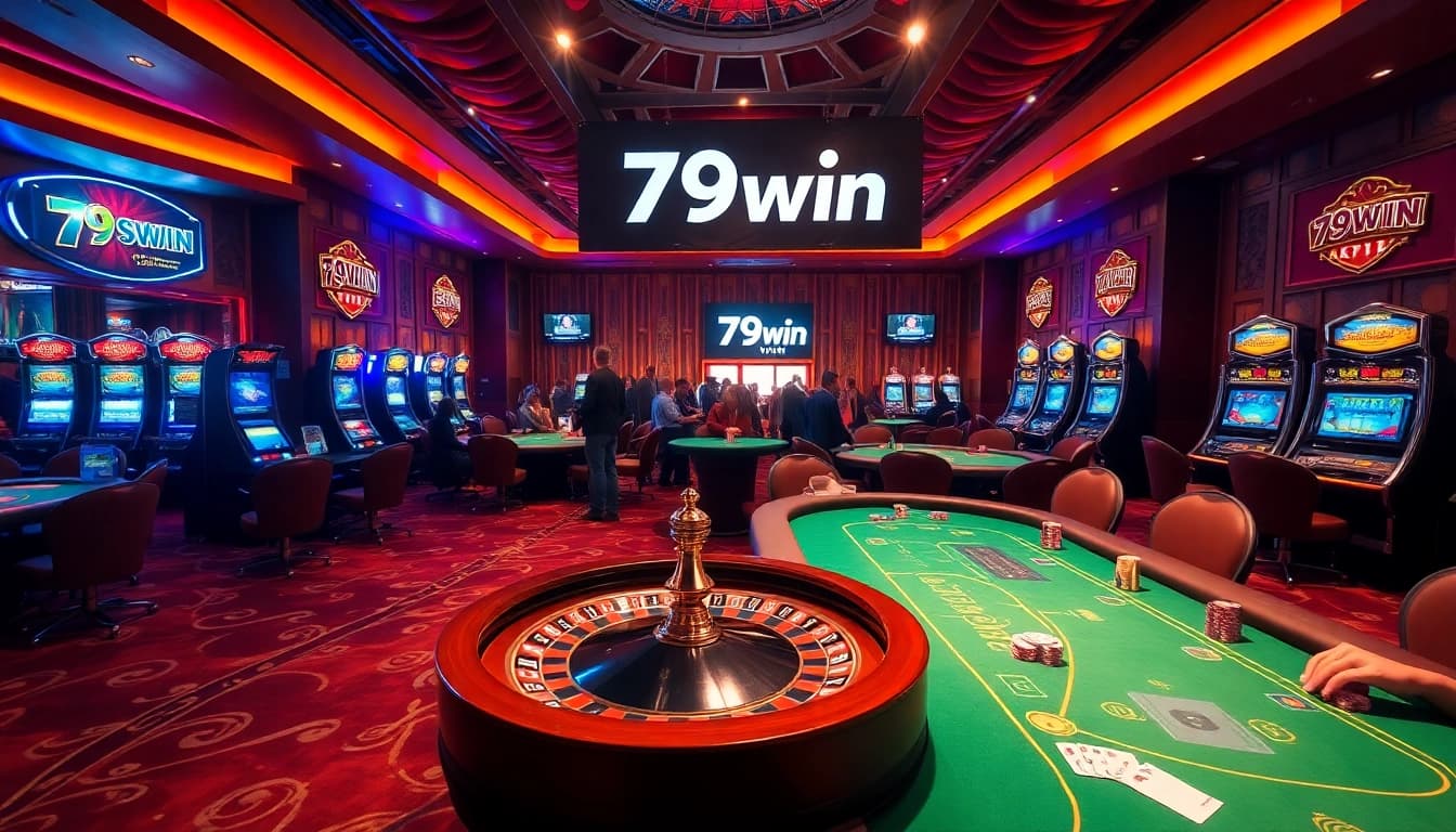 Excited players enjoy a thrilling moment at the 79win casino with vibrant gaming tables.