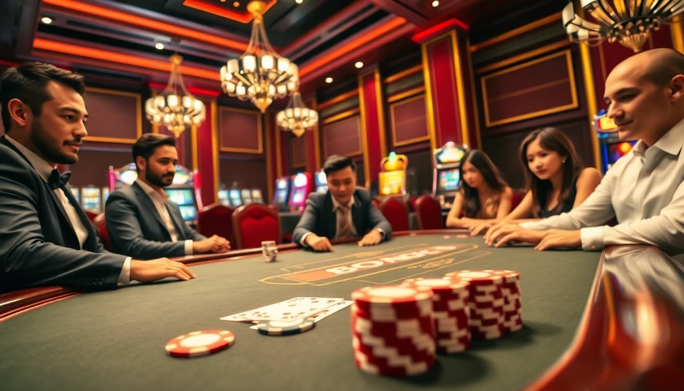 Exciting Bong88 casino scene featuring professional players at a vibrant table with chips and cards.