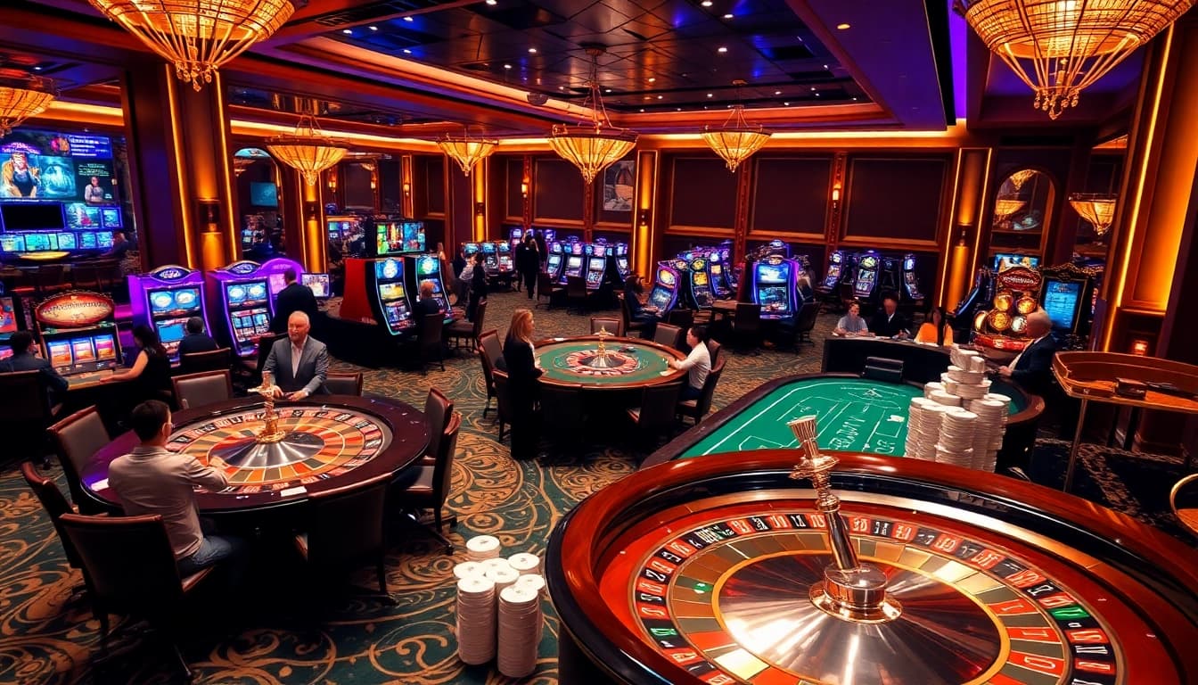 Players engaging in exciting games at OPEN88 casino, featuring vibrant tables and roulette wheels.