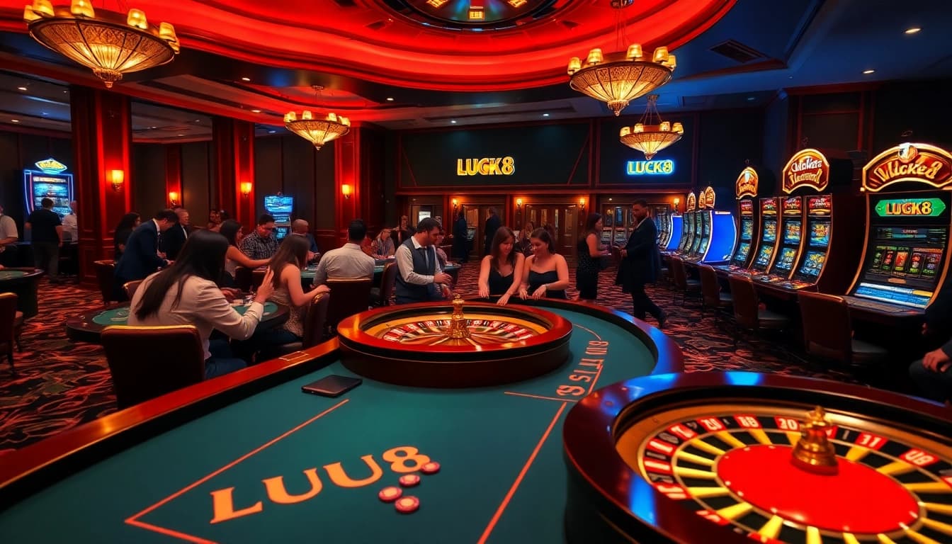 Experience LUCK8 excitement at a luxurious casino with vibrant gaming tables and thrilling players.