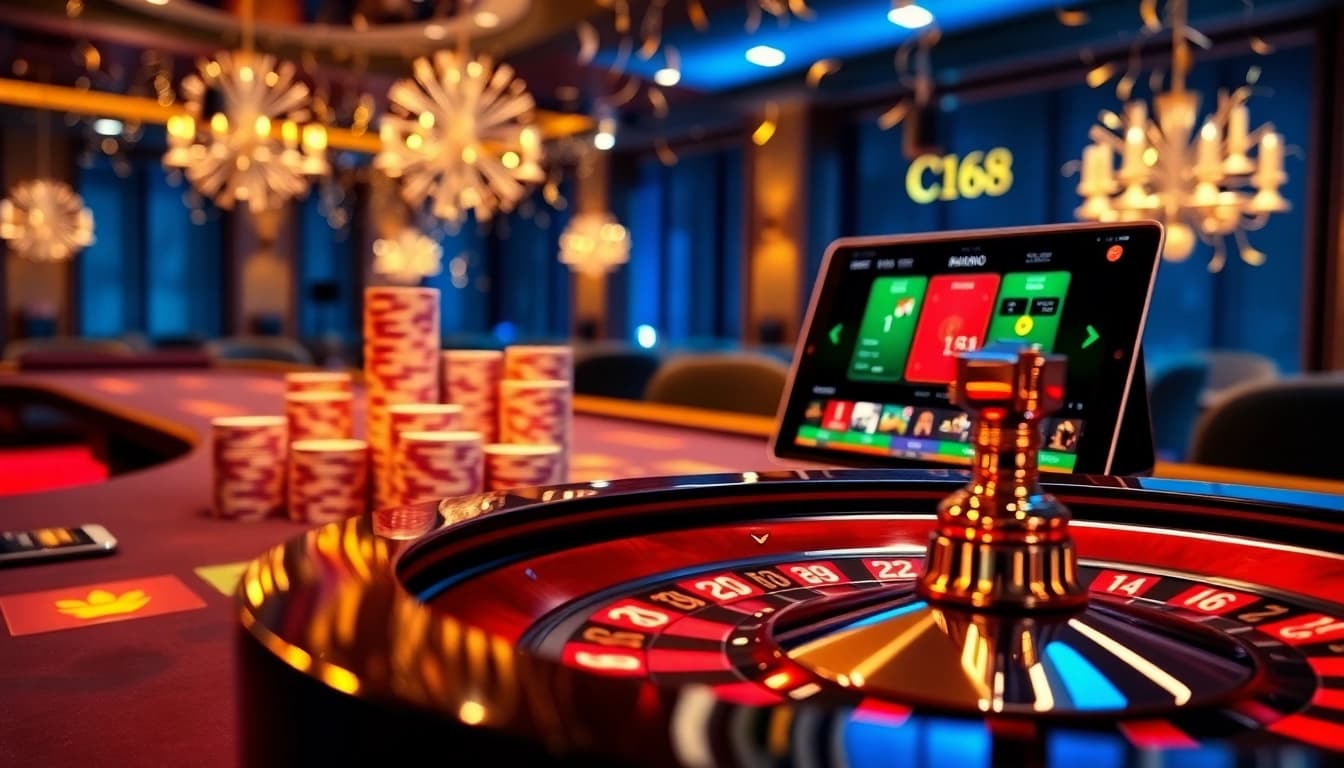 C168 logo shines prominently over a luxurious casino scene with a high-stakes poker table.