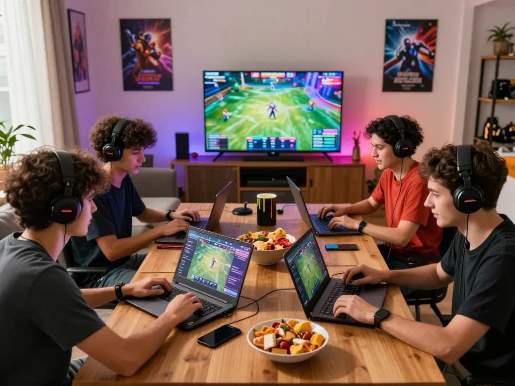 Friends enjoying gaming on the sun win platform in a vibrant living room.