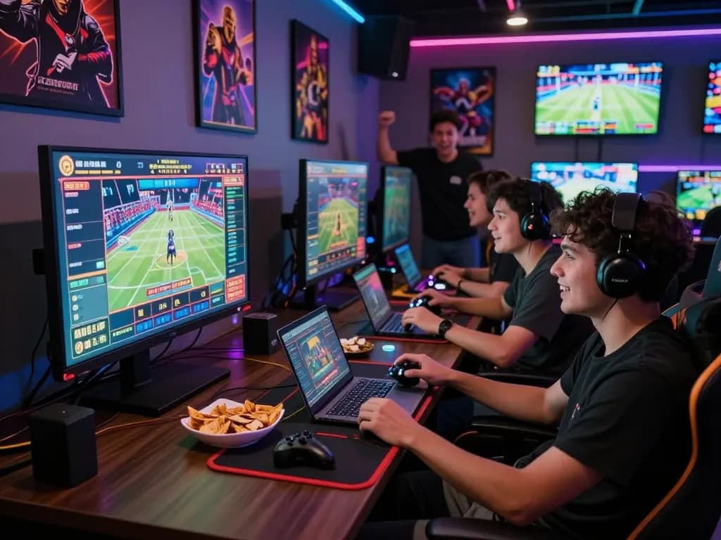 Excited friends enjoying an online gaming session with 79KING, surrounded by snacks and gaming gear.