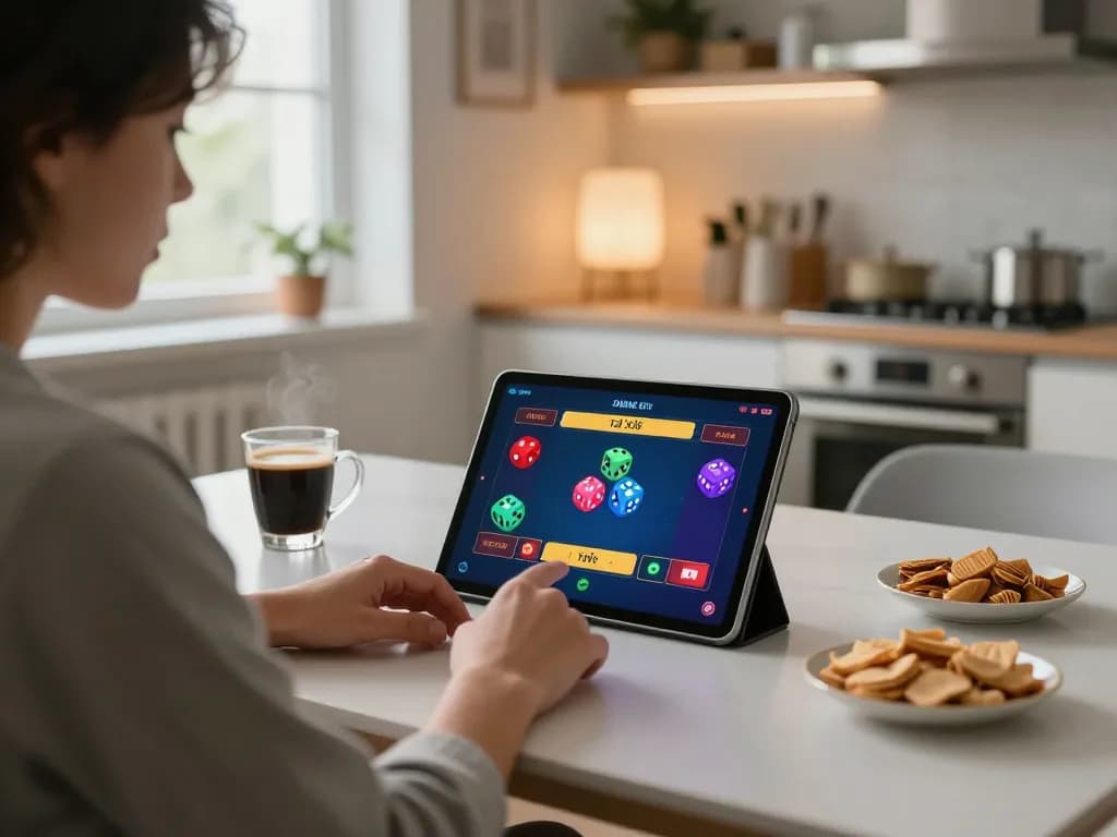 Engaging in tài xỉu online gameplay on a tablet, enjoying a cozy home setting with strategic snacks.