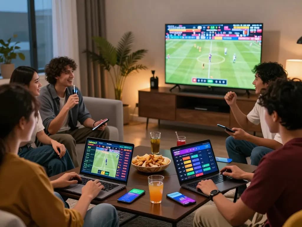 Friends enjoying an exciting betting experience on 8kbet in a modern living room.