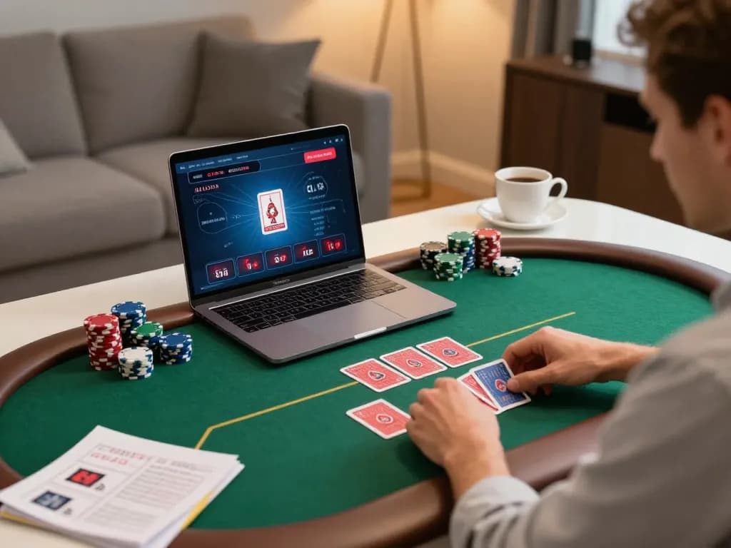 Engaged player enjoying say88 online poker game at home setup with chips and strategy notes.