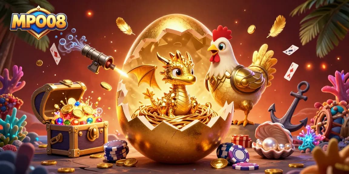 MPO08 reveals a golden baby dragon atop poker chips, amidst vibrant casino treasures and luminous coral.