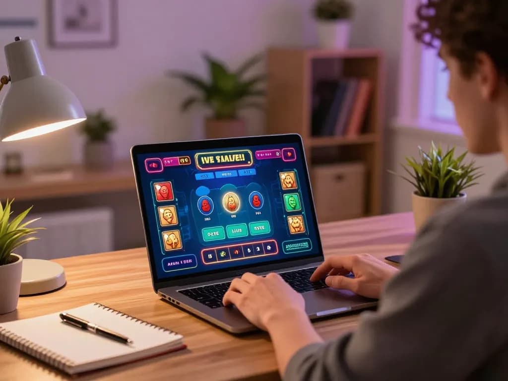 Player enjoying an online casino experience with dinamit4d on a laptop, showcasing a lively game interface.
